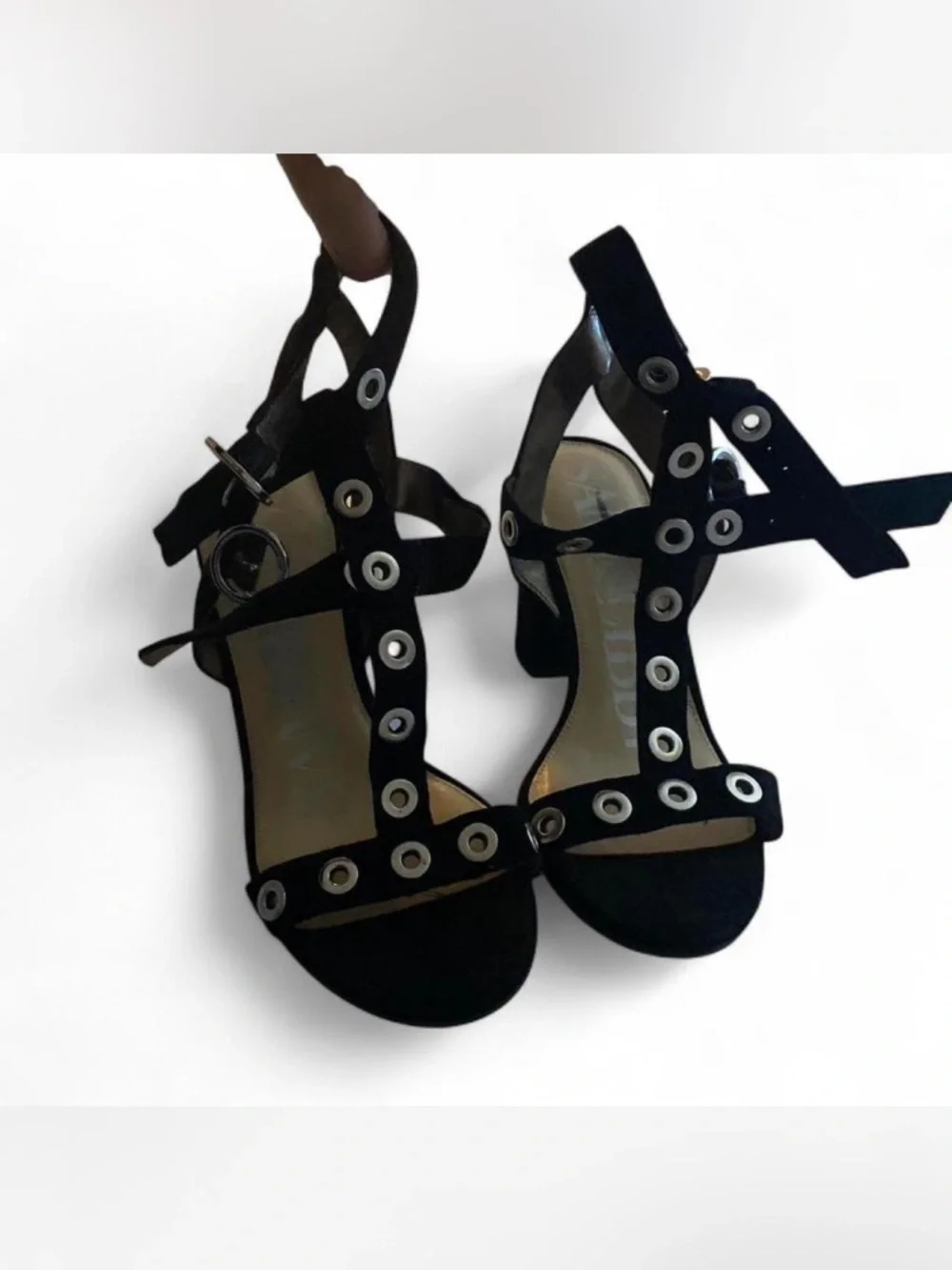 Women's Black Grommet Strap Heeled Sandals